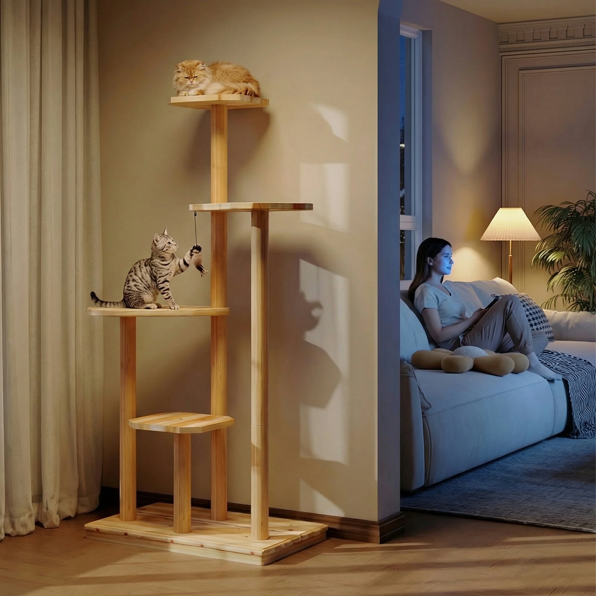 LAZZO 4-Tier Natural Wood Cat Tree, All-Weather Cat Tower - Multi-Level Climbing & Scratching Furniture for Indoor & Outdoor Use