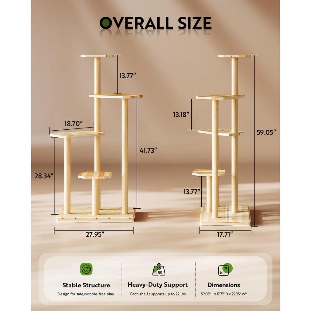 LAZZO 4-Tier Natural Wood Cat Tree, All-Weather Cat Tower - Multi-Level Climbing & Scratching Furniture for Indoor & Outdoor Use