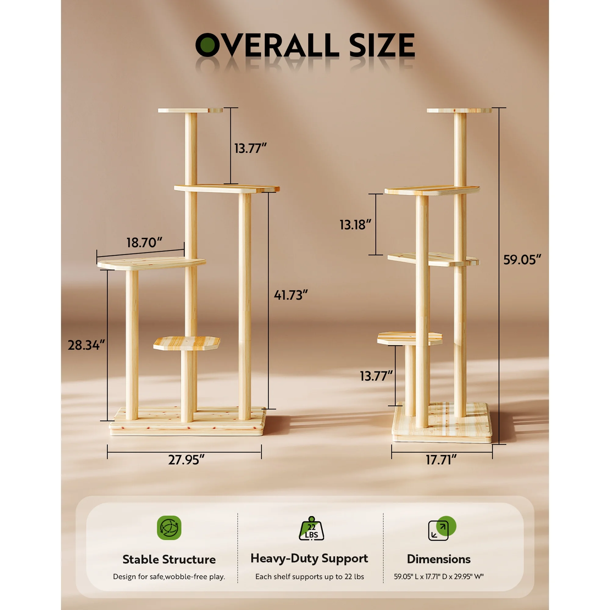LAZZO 4-Tier Natural Wood Cat Tree, All-Weather Cat Tower - Multi-Level Climbing & Scratching Furniture for Indoor & Outdoor Use