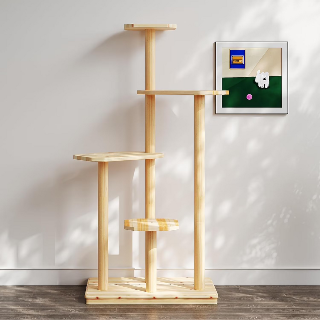 LAZZO 4-Tier Natural Wood Cat Tree, All-Weather Cat Tower - Multi-Level Climbing & Scratching Furniture for Indoor & Outdoor Use