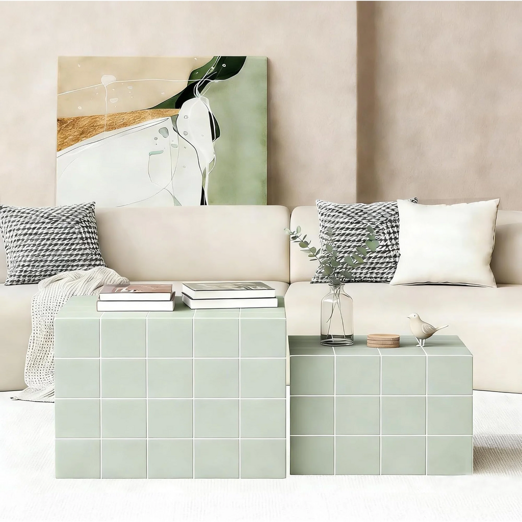 LAZZO Nesting Coffee Table Set of 2, Modern Wooden Side End Tables for Living Room, Bedroom, Office & Small Spaces, Light Green