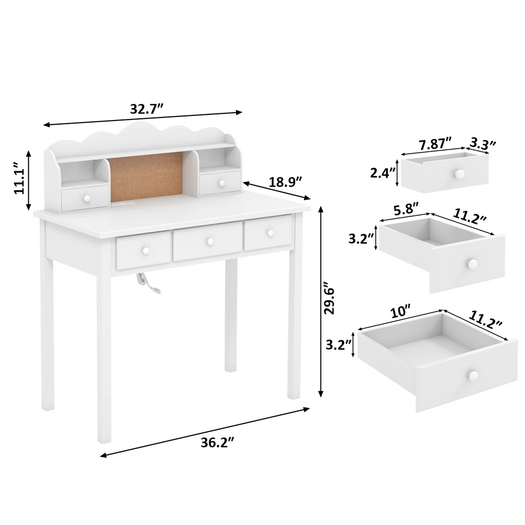 LAZZO 36" Writing Desk with 5 Drawers & Detachable Hutch, Computer Workstation for Small Spaces, White