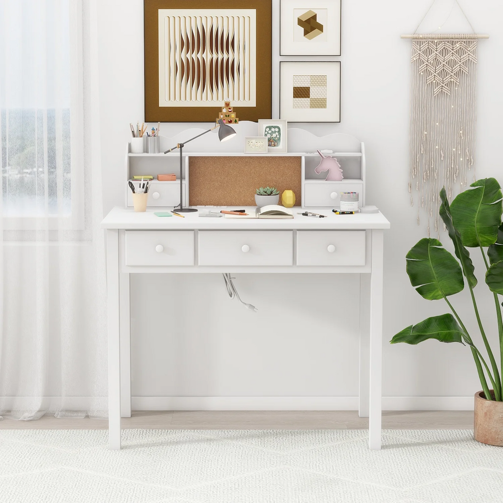 LAZZO 36" Writing Desk with 5 Drawers & Detachable Hutch, Computer Workstation for Small Spaces, White