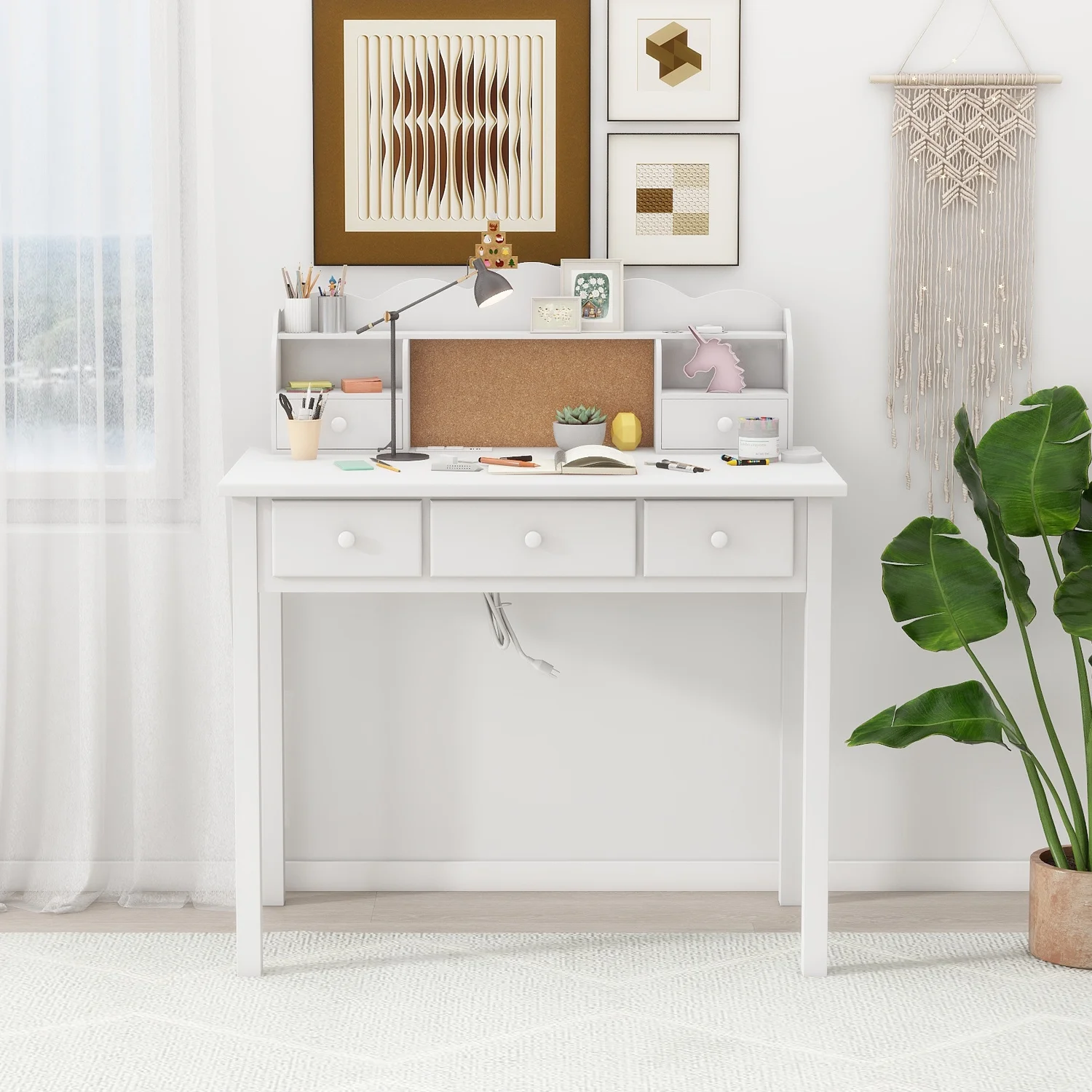 LAZZO 36" Writing Desk with 5 Drawers & Detachable Hutch, Computer Workstation for Small Spaces, White
