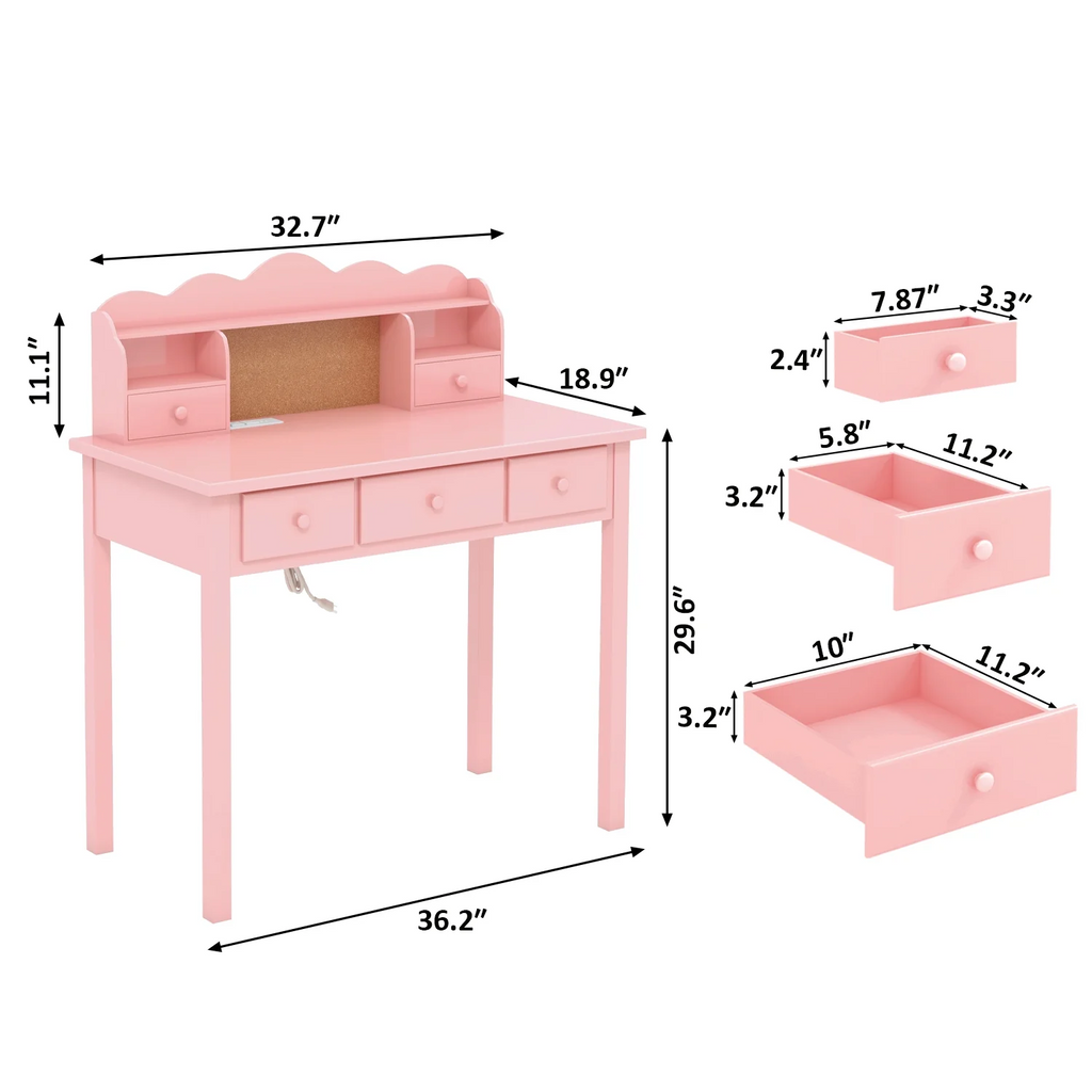 LAZZO 36" Writing Desk with 5 Drawers & Detachable Hutch, Computer Workstation for Small Spaces, Pink