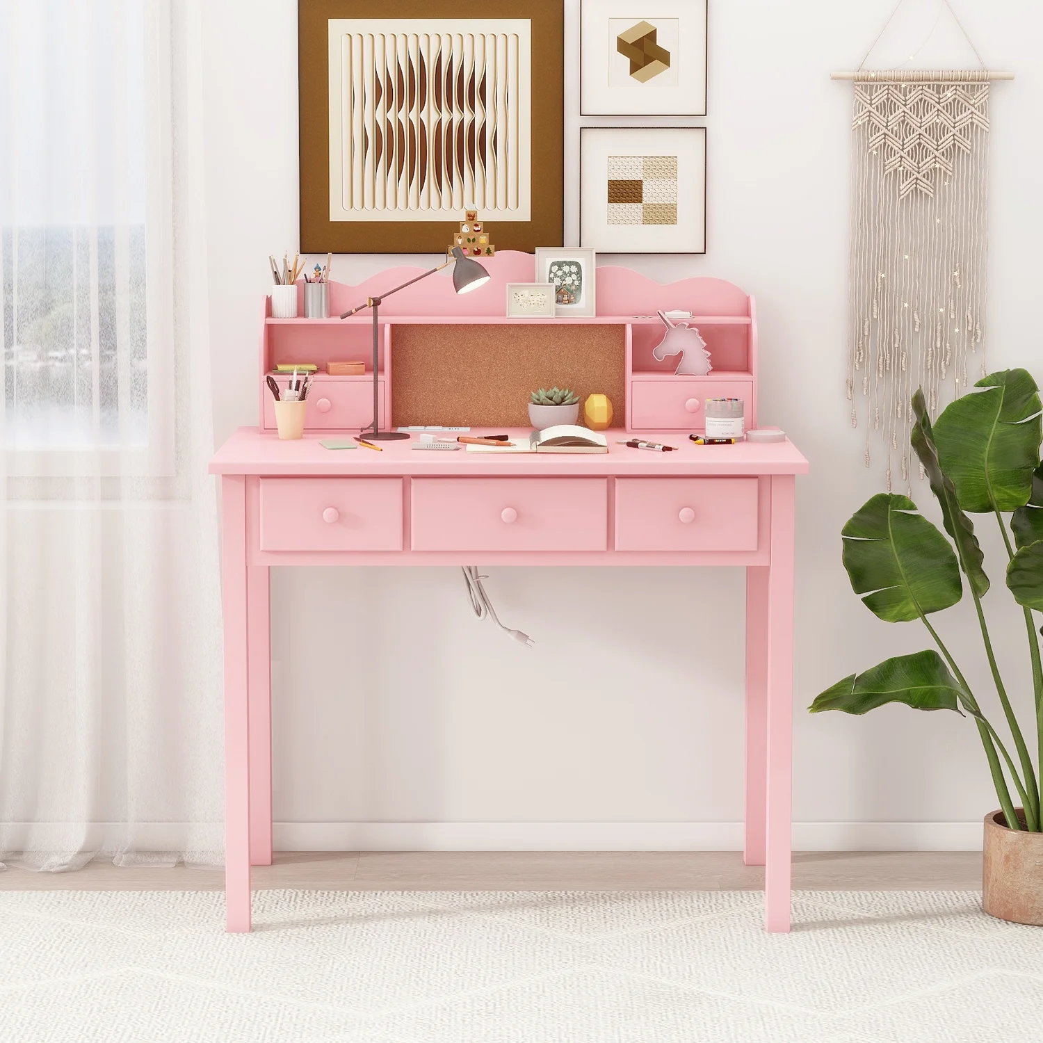 LAZZO 36" Writing Desk with 5 Drawers & Detachable Hutch, Computer Workstation for Small Spaces, Pink