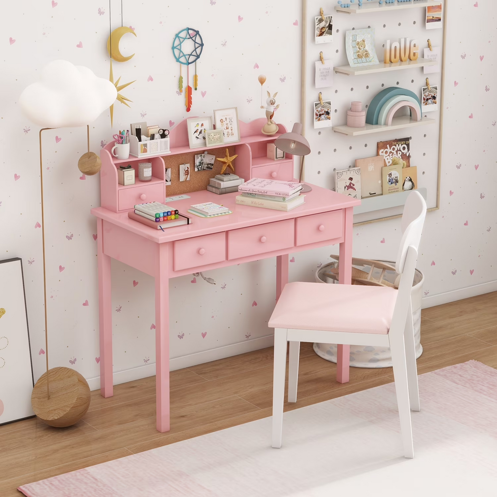 LAZZO 36" Writing Desk with 5 Drawers & Detachable Hutch, Computer Workstation for Small Spaces, Pink