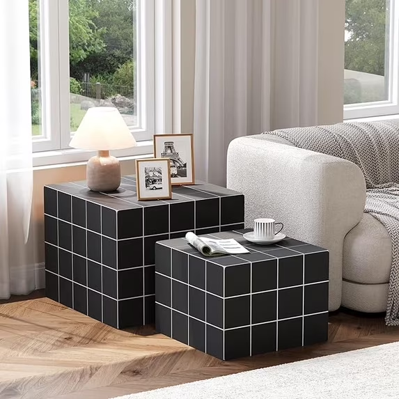 LAZZO Nesting Coffee Table Set of 2, Modern Wooden Side End Tables for Living Room, Bedroom, Office & Small Spaces, Black