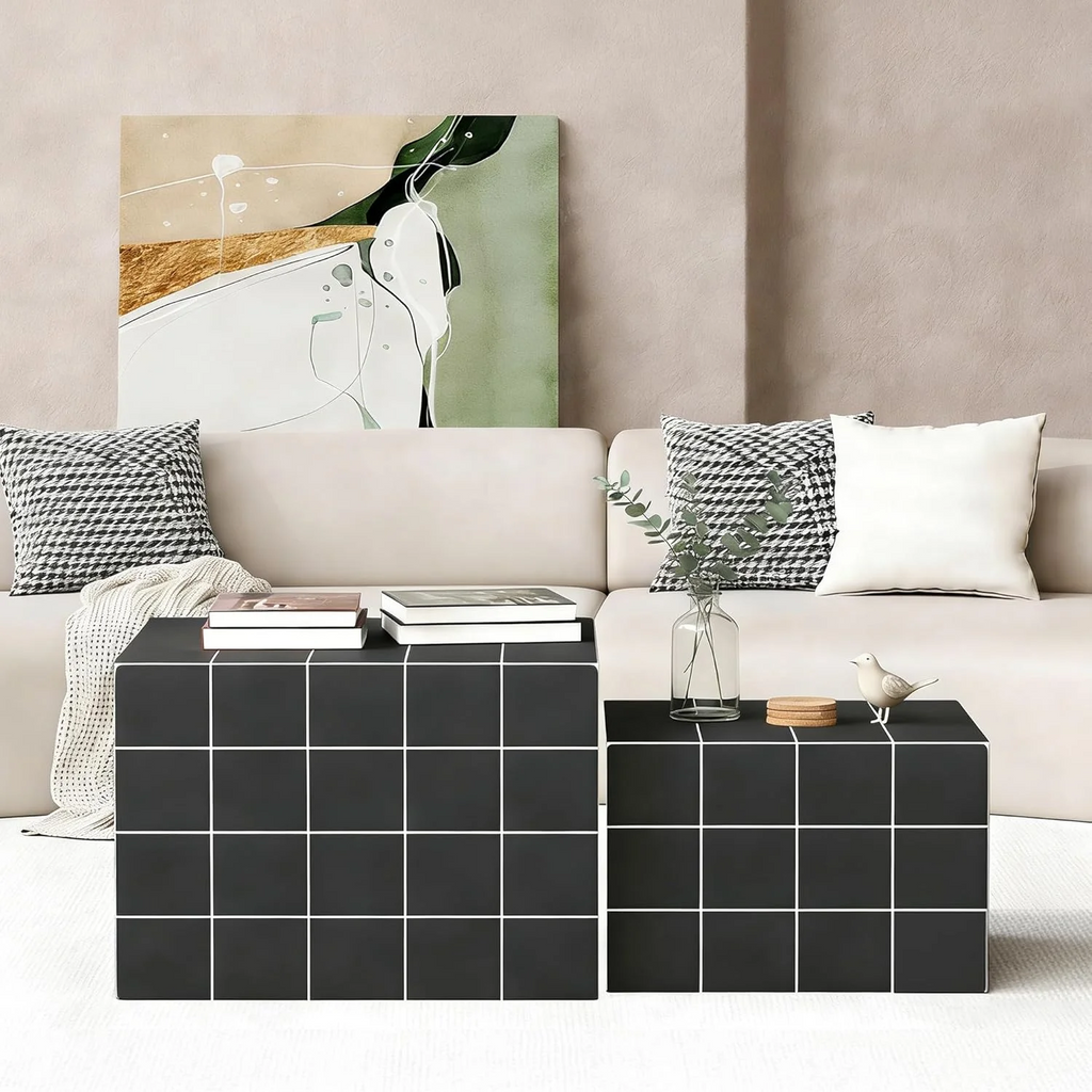 LAZZO Nesting Coffee Table Set of 2, Modern Wooden Side End Tables for Living Room, Bedroom, Office & Small Spaces, Black