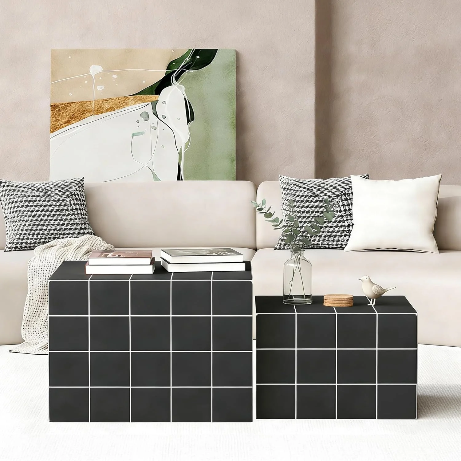 LAZZO Nesting Coffee Table Set of 2, Modern Wooden Side End Tables for Living Room, Bedroom, Office & Small Spaces, Black