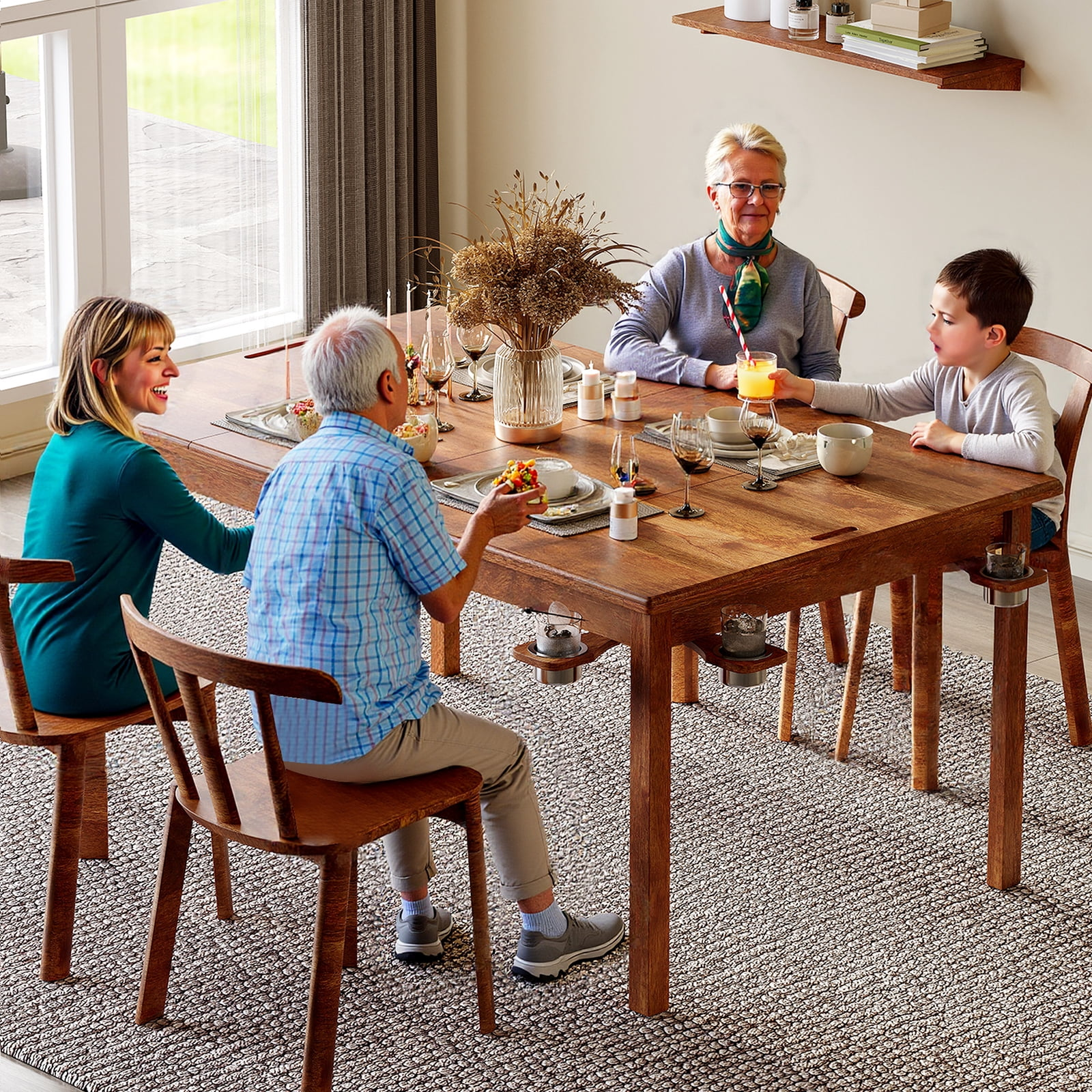 LAZZO Board Game & Card Table, 65"x 39" Natural Wood Table for 6 Players with Removable Top, Play Mat, Cup Holders & Trays