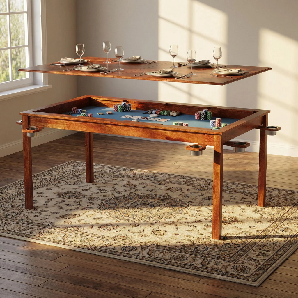 LAZZO Board Game & Card Table, 65"x 39" Natural Wood Table for 6 Players with Removable Top, Play Mat, Cup Holders & Trays