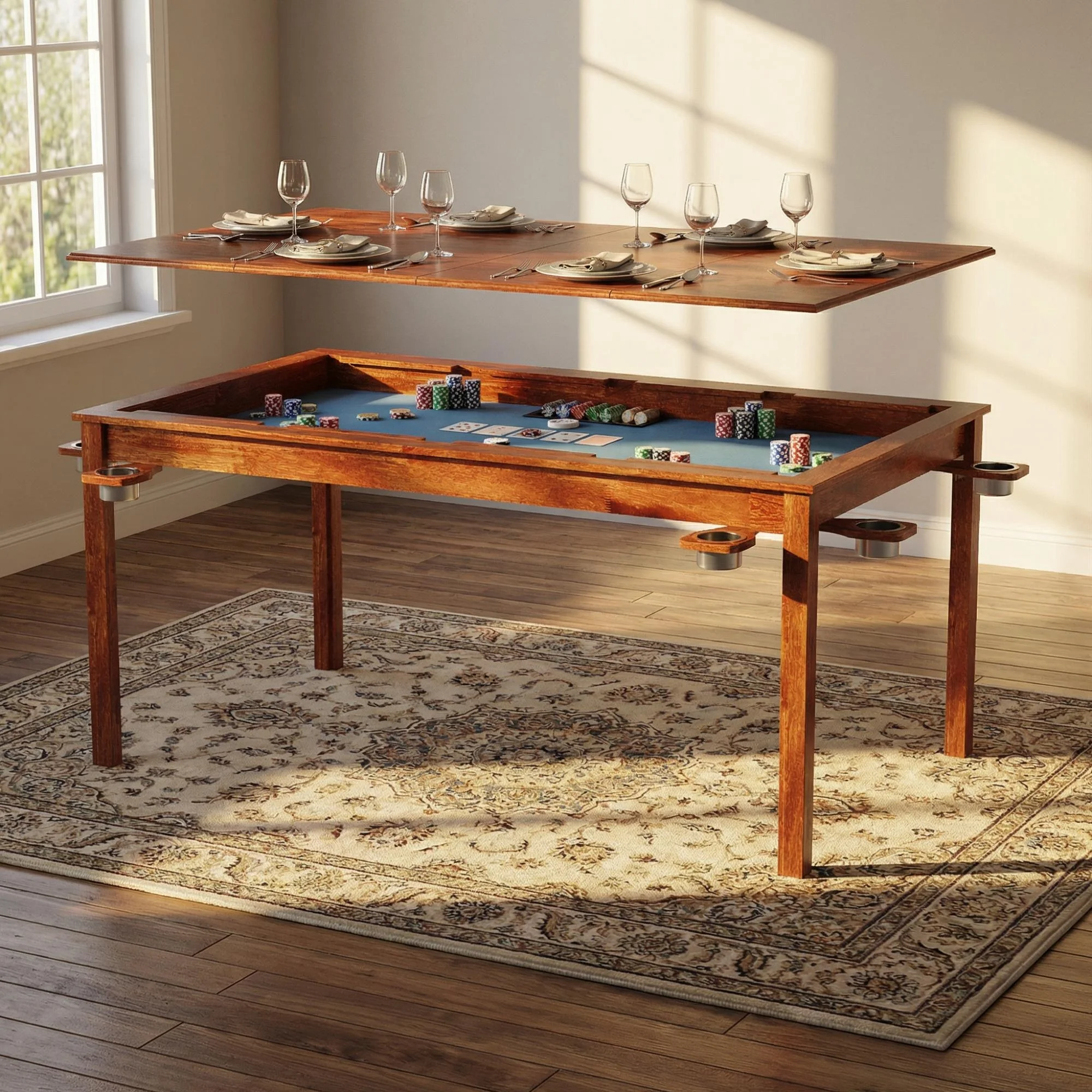 LAZZO Board Game & Card Table, 65"x 39" Natural Wood Table for 6 Players with Removable Top, Play Mat, Cup Holders & Trays