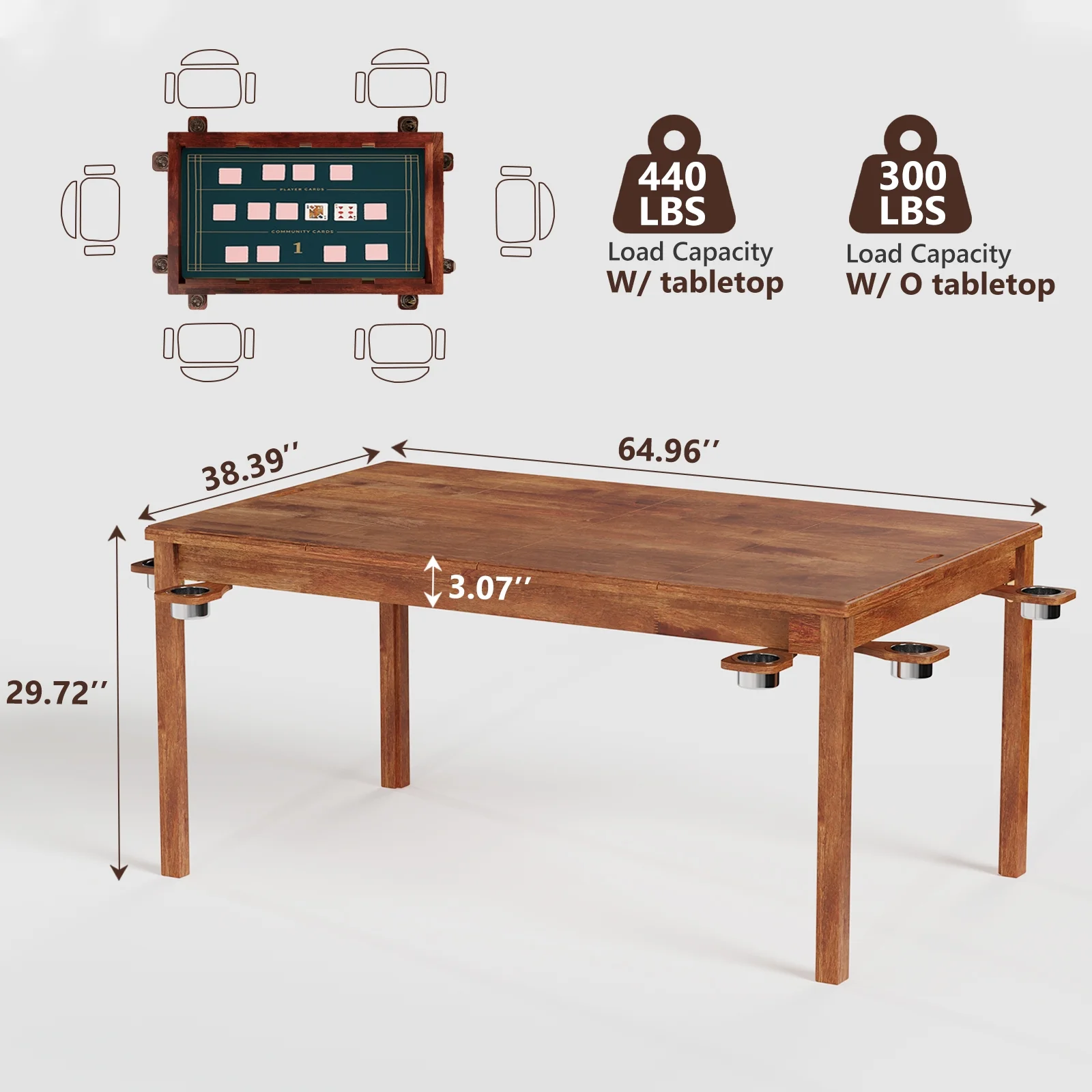 LAZZO Board Game & Card Table, 65"x 39" Natural Wood Table for 6 Players with Removable Top, Play Mat, Cup Holders & Trays