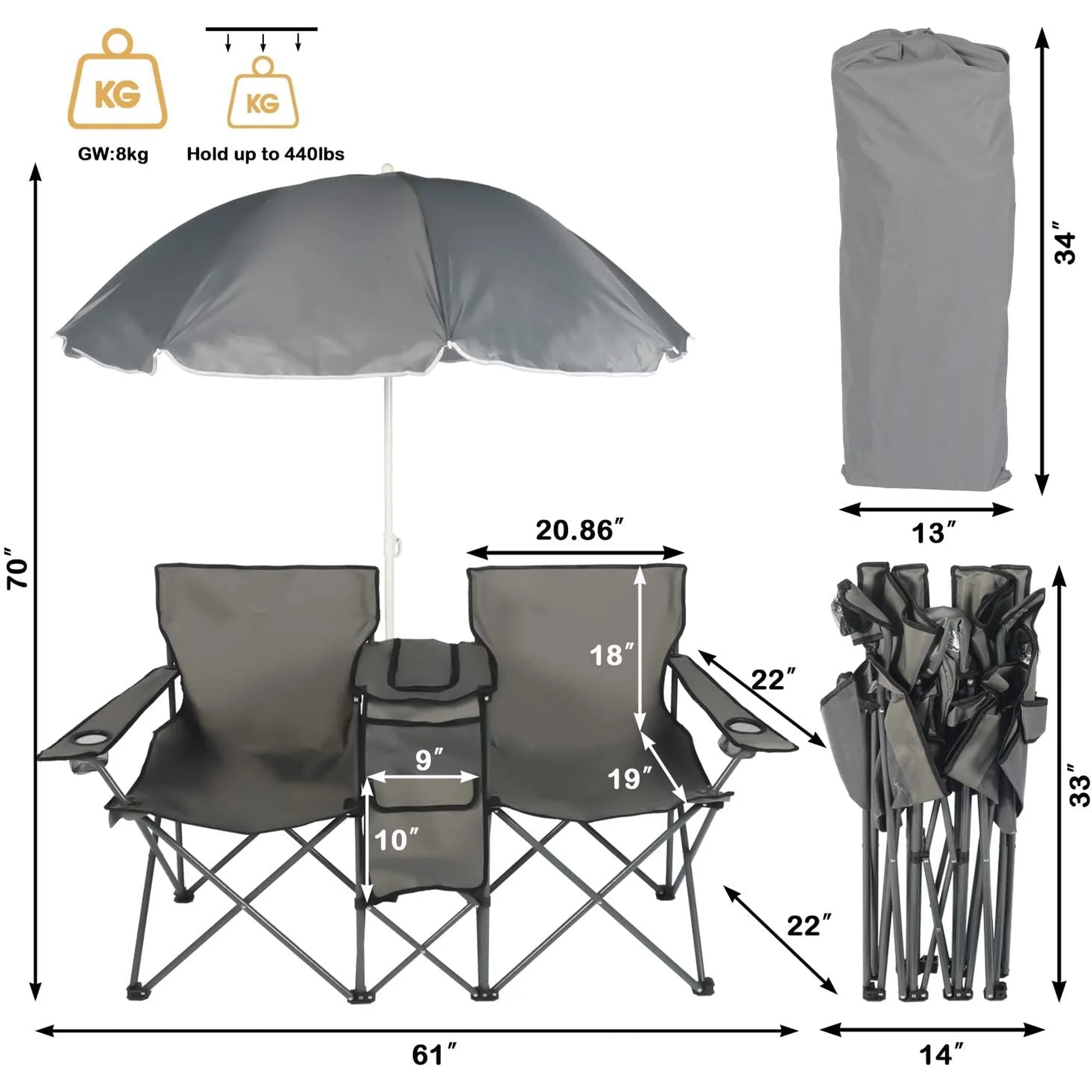 LAZZO Outdoor Double Camping Chair with Umbrella, Portable Folding Beach Chair with Cup Holder, Built-in Cooler and Carry Bag, Gray
