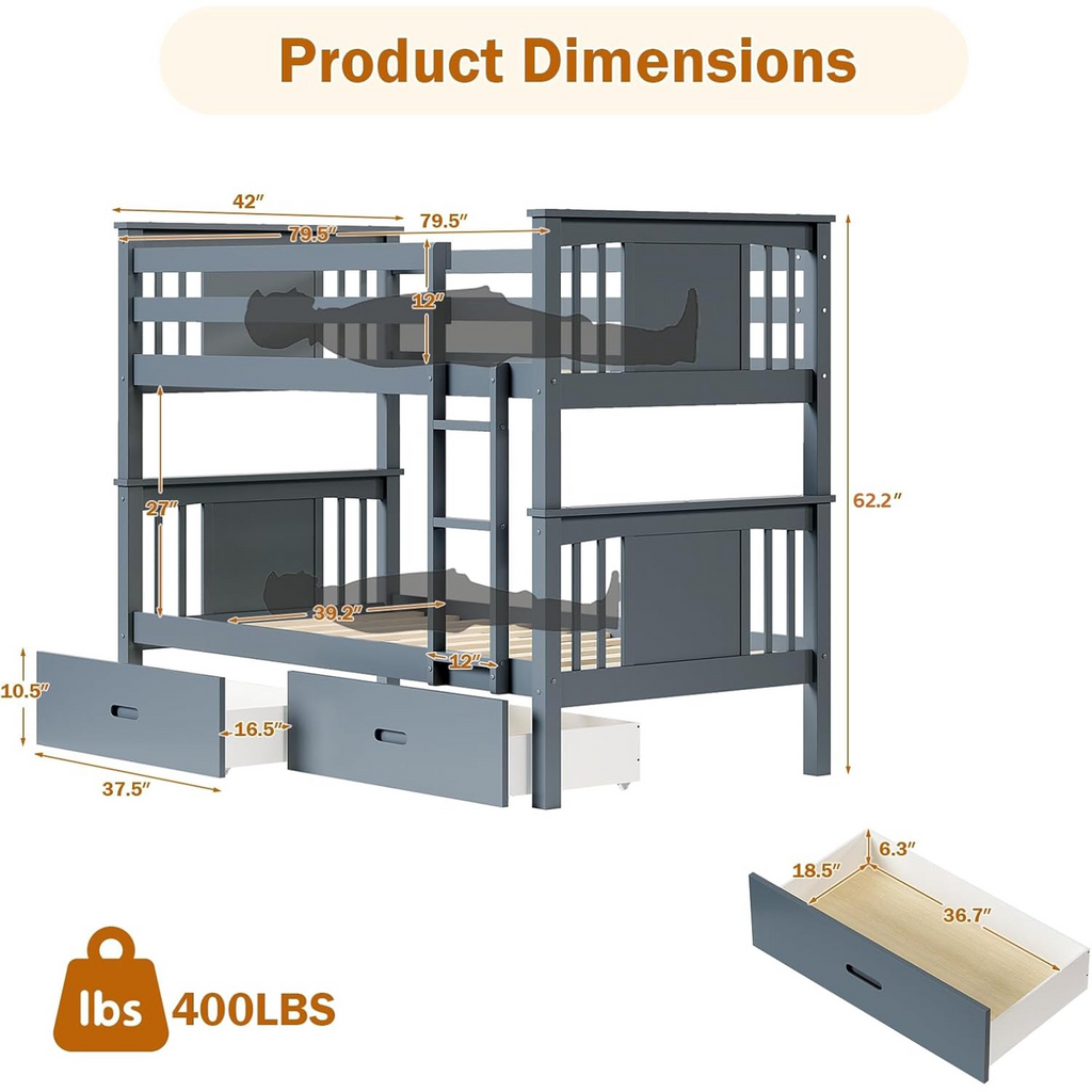 LAZZO Twin Over Twin Bunk Bed with Storage Drawers, Convertible Solid Wood Bunk Bed with Ladder & Safety Guardrail, No Box Spring Needed, Gray