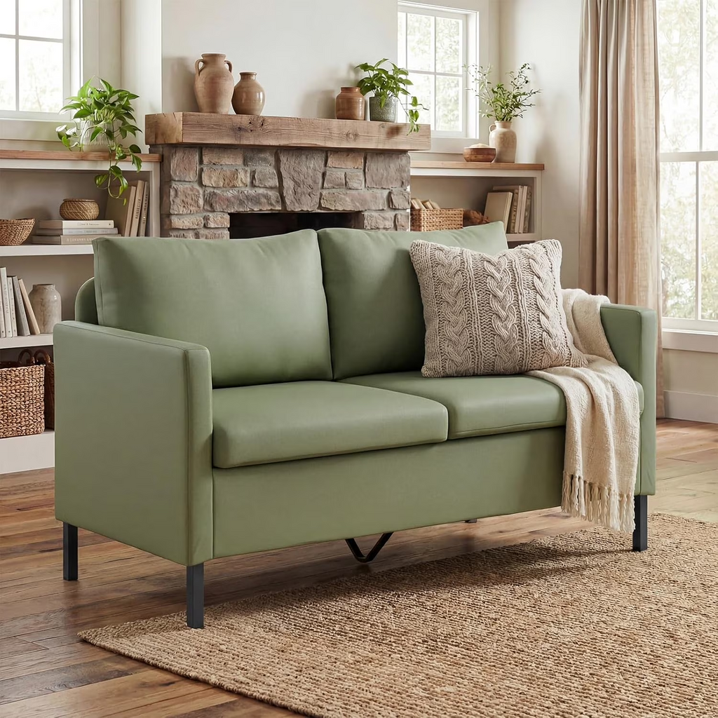 LAZZO 51" Linen Fabric Loveseat, Modern 2-Seater Small Sofa with Iron Legs for Apartment, Bedroom, Office, Green
