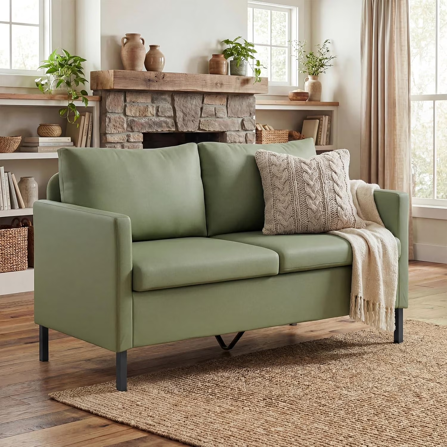 LAZZO 51" Linen Fabric Loveseat, Modern 2-Seater Small Sofa with Iron Legs for Apartment, Bedroom, Office, Green