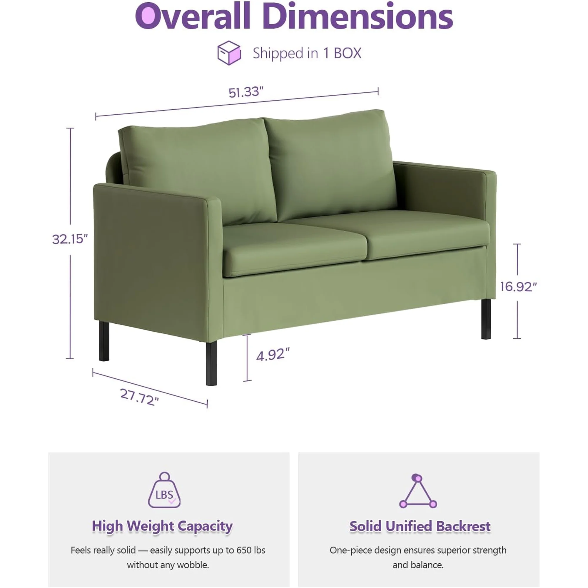 LAZZO 51" Linen Fabric Loveseat, Modern 2-Seater Small Sofa with Iron Legs for Apartment, Bedroom, Office, Green