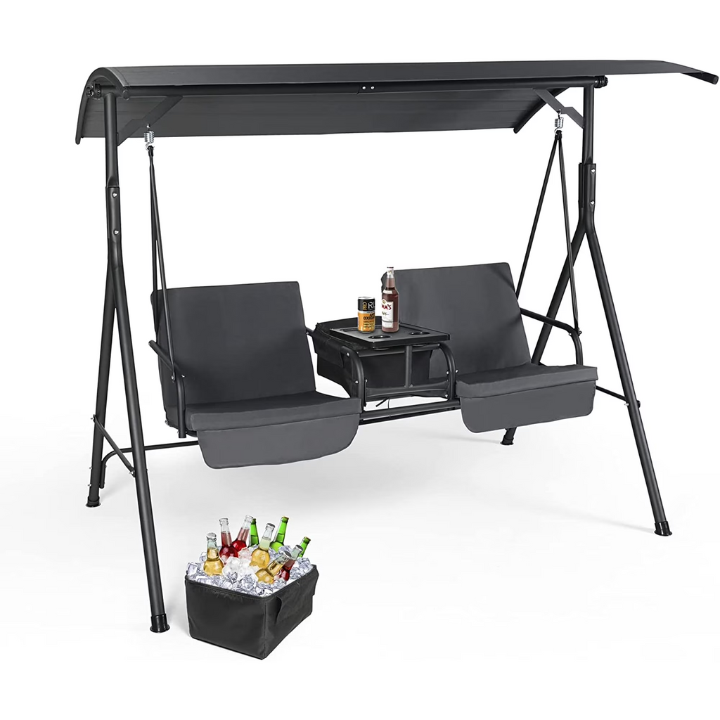 LAZZO 2-Seat Outdoor Patio Swing Chair, Canopy Porch Swing with Cooler, Removable Cushion, Weather Resistant Steel Frame, Gray