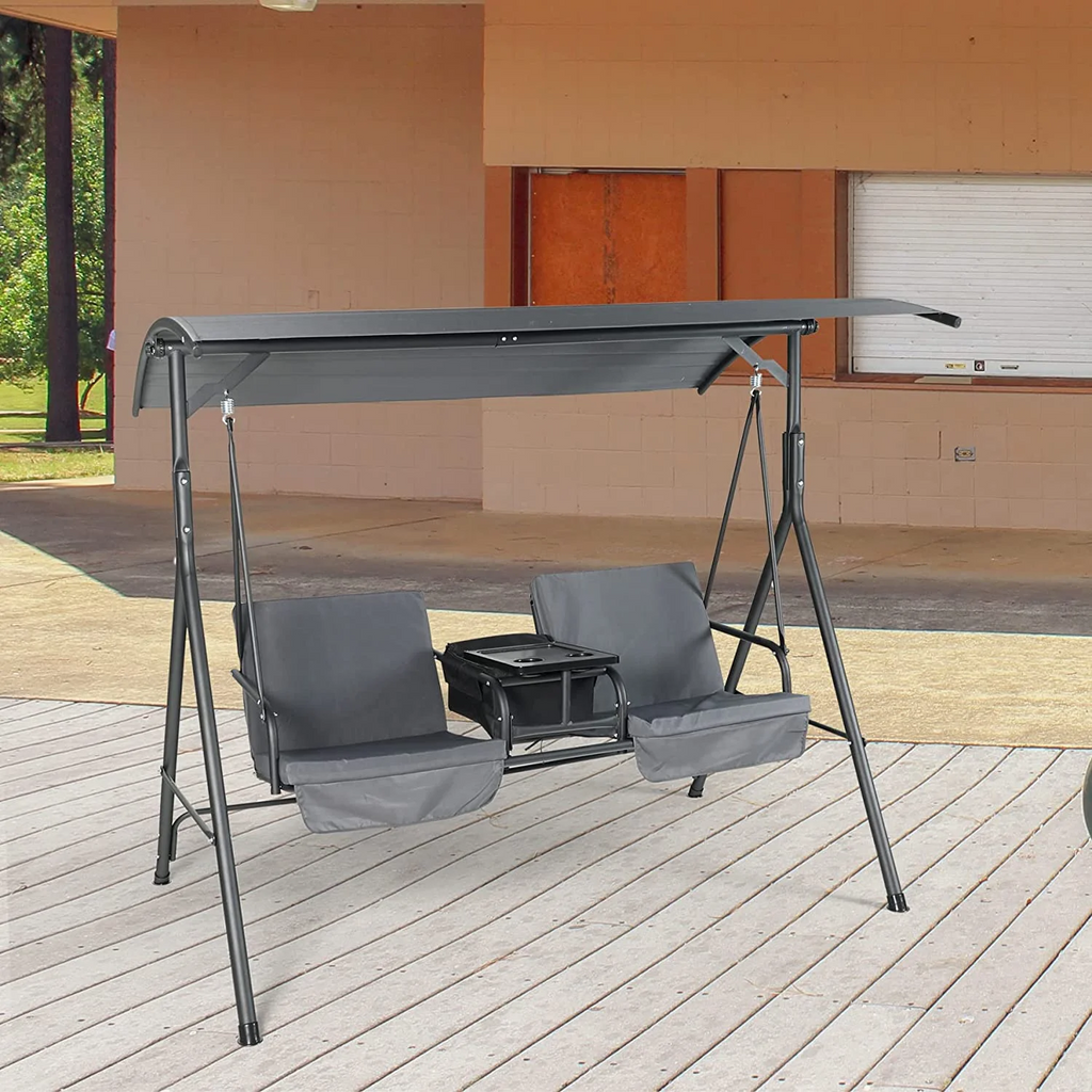 LAZZO 2-Seat Outdoor Patio Swing Chair, Canopy Porch Swing with Cooler, Removable Cushion, Weather Resistant Steel Frame, Gray