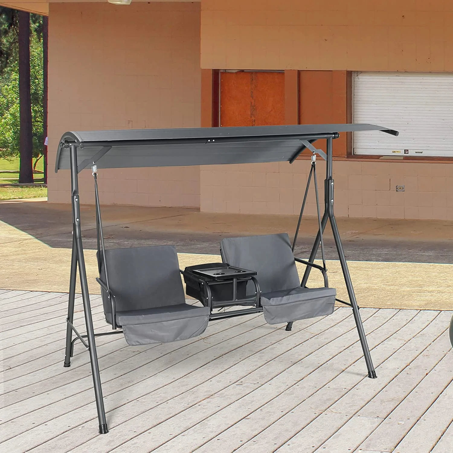 LAZZO 2-Seat Outdoor Patio Swing Chair, Canopy Porch Swing with Cooler, Removable Cushion, Weather Resistant Steel Frame, Gray