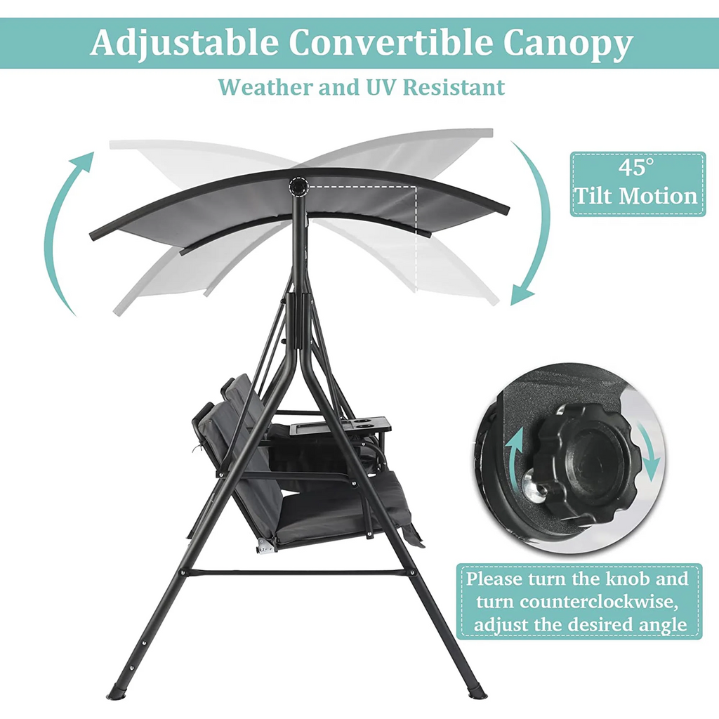 LAZZO 2-Seat Outdoor Patio Swing Chair, Canopy Porch Swing with Cooler, Removable Cushion, Weather Resistant Steel Frame, Gray