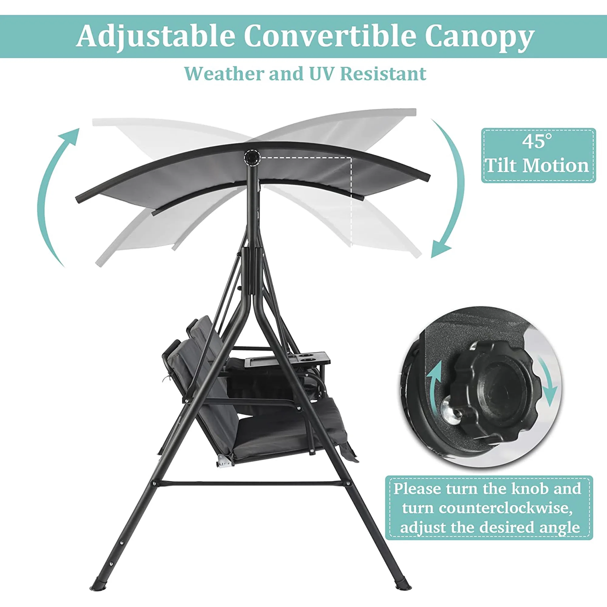 LAZZO 2-Seat Outdoor Patio Swing Chair, Canopy Porch Swing with Cooler, Removable Cushion, Weather Resistant Steel Frame, Gray