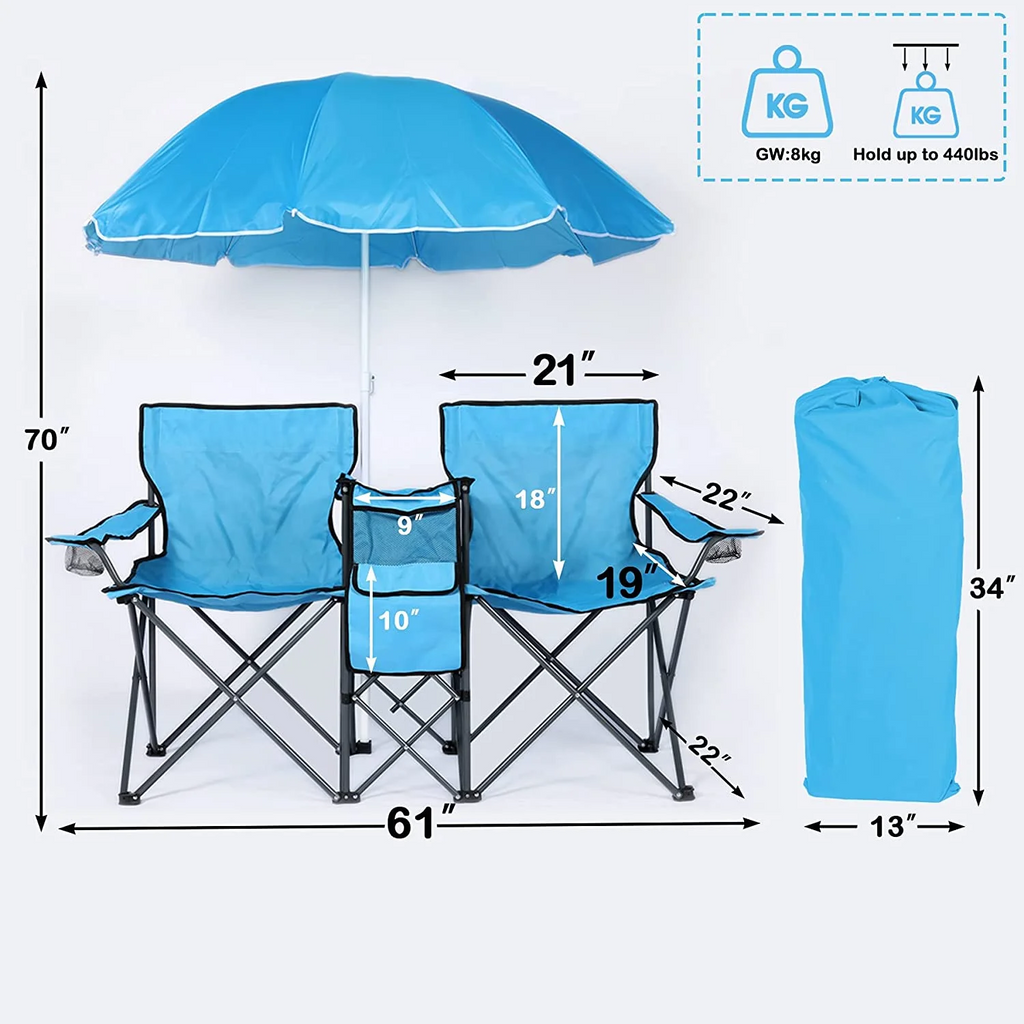 LAZZO Outdoor Double Camping Chair with Umbrella, Portable Folding Beach Chair with Cup Holder, Built-in Cooler and Carry Bag, Blue