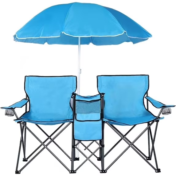 LAZZO Outdoor Double Camping Chair with Umbrella, Portable Folding Beach Chair with Cup Holder, Built-in Cooler and Carry Bag, Blue