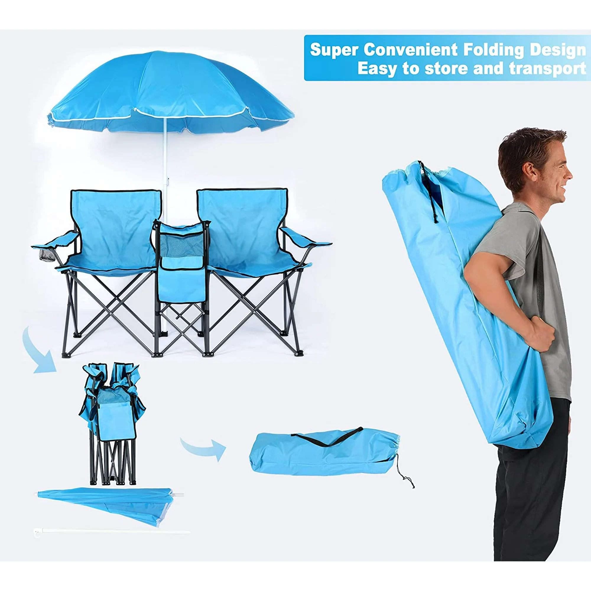 LAZZO Outdoor Double Camping Chair with Umbrella, Portable Folding Beach Chair with Cup Holder, Built-in Cooler and Carry Bag, Blue