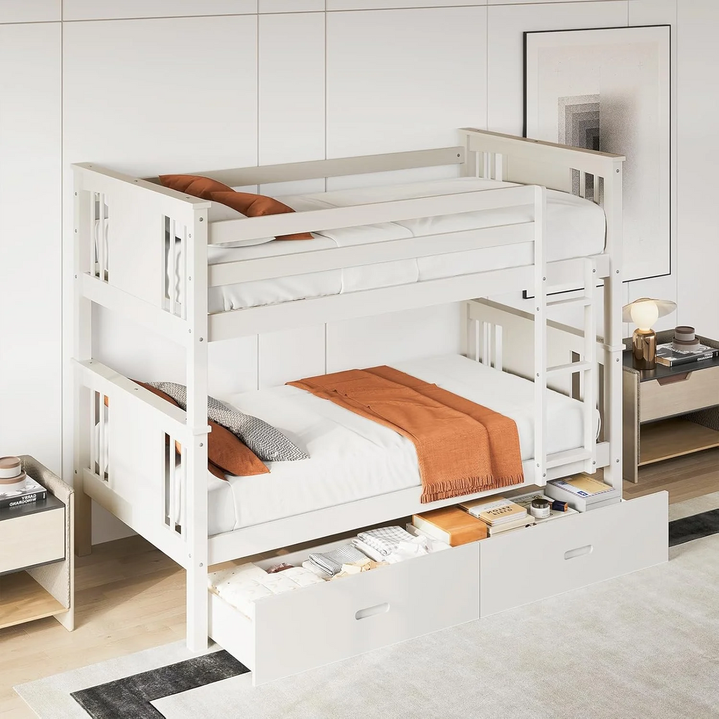 LAZZO Twin Over Twin Bunk Bed with Storage Drawers, Convertible Solid Wood Bunk Bed with Ladder & Safety Guardrail, No Box Spring Needed, White
