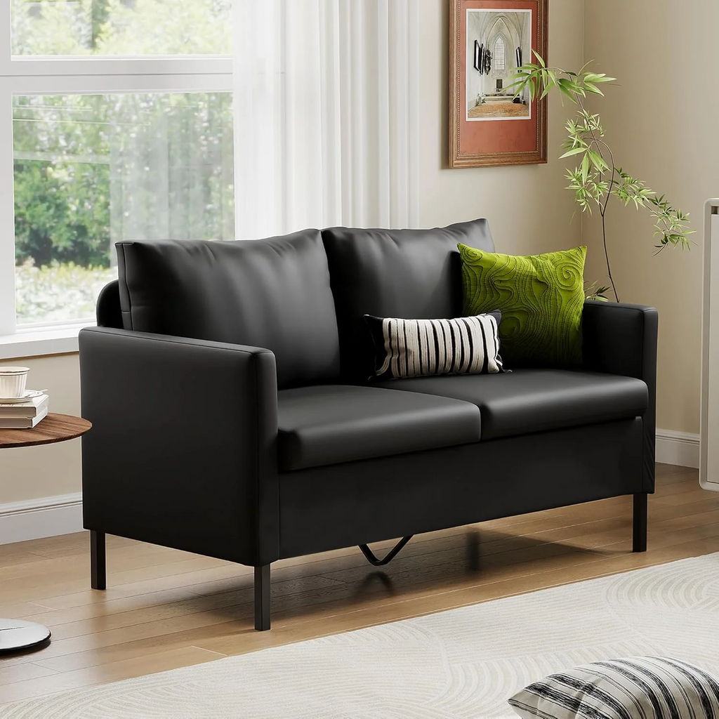 LAZZO 51" Linen Fabric Loveseat, Modern 2-Seater Small Sofa with Iron Legs for Apartment, Bedroom, Office, Black