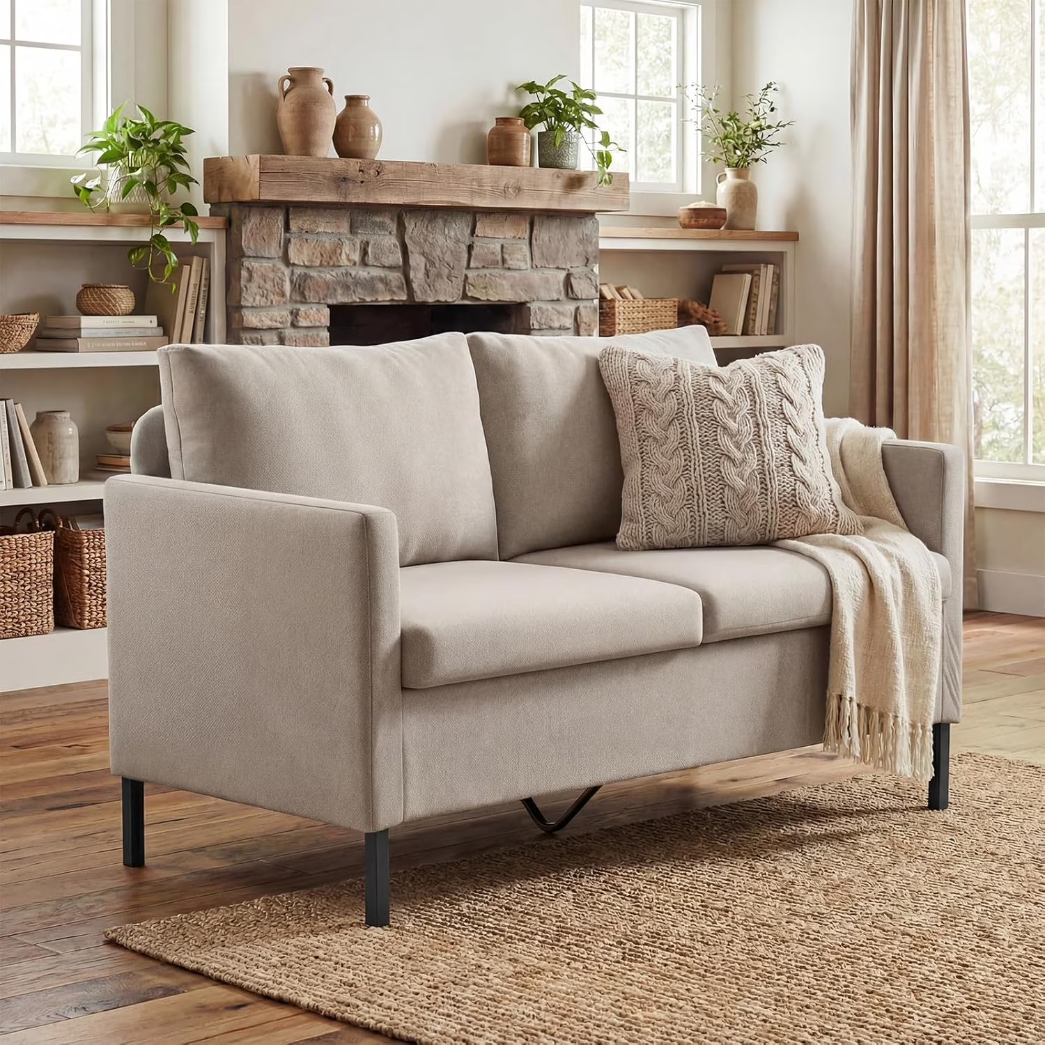 LAZZO 51" Linen Fabric Loveseat, Modern 2-Seater Small Sofa with Iron Legs for Apartment, Bedroom, Office, Beige