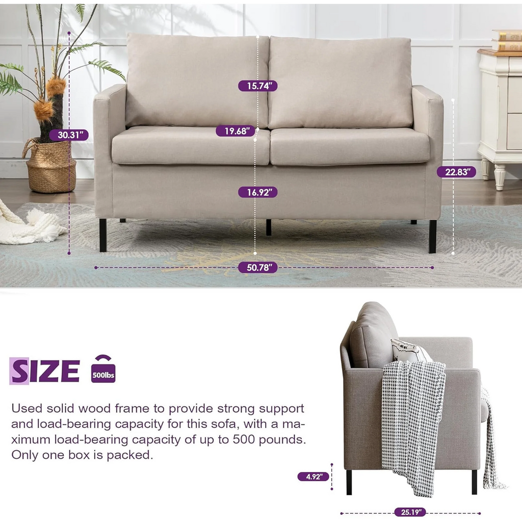 LAZZO 51" Linen Fabric Loveseat, Modern 2-Seater Small Sofa with Iron Legs for Apartment, Bedroom, Office, Beige
