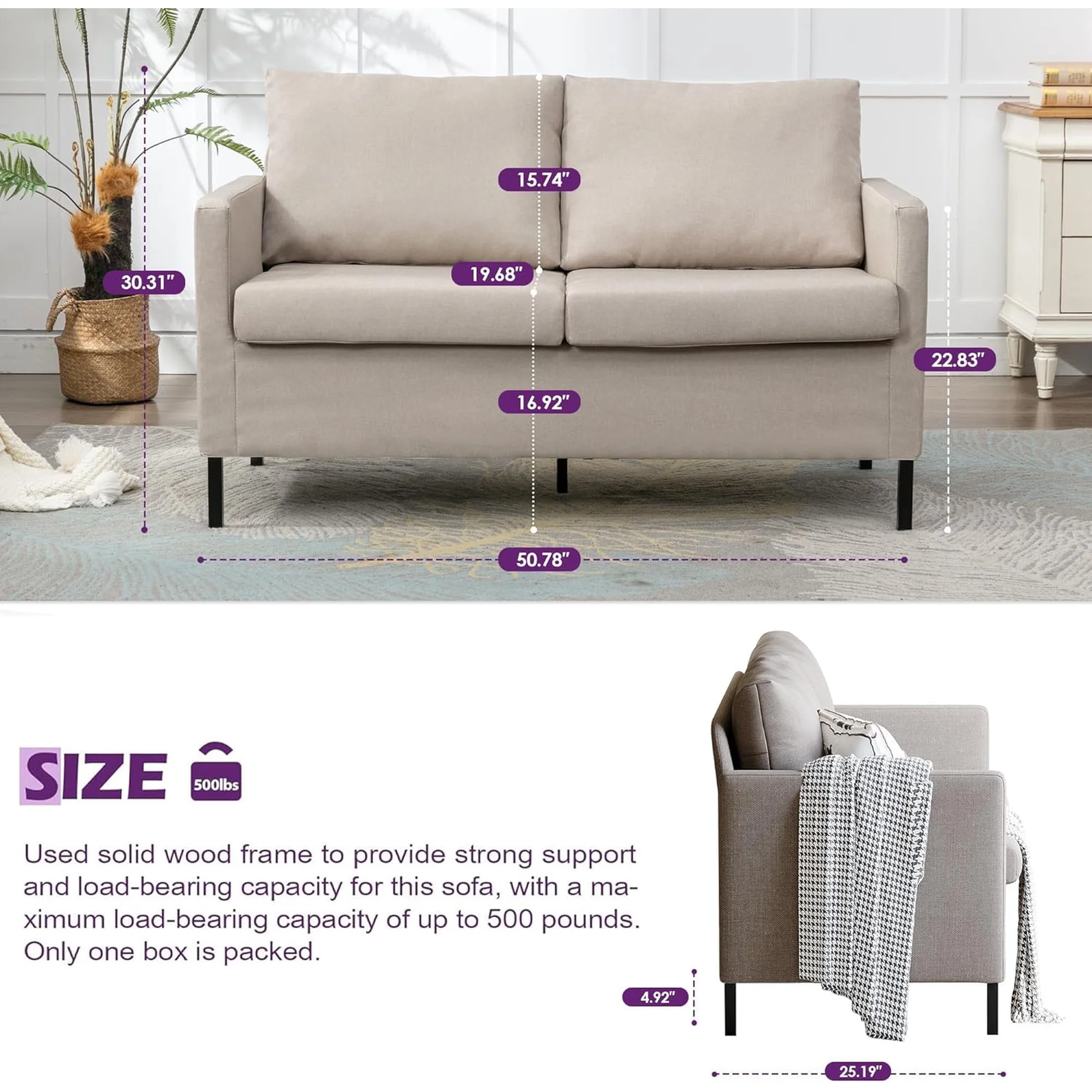 LAZZO 51" Linen Fabric Loveseat, Modern 2-Seater Small Sofa with Iron Legs for Apartment, Bedroom, Office, Beige