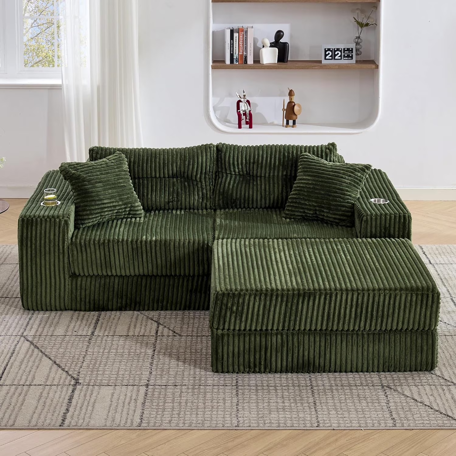 LAZZO Modular Cloud Sectional Sofa with Ottoman, Corduroy Boneless Deep Seat Convertible Sleeper Sofa Bed for Living Room, Green, 2 Seat