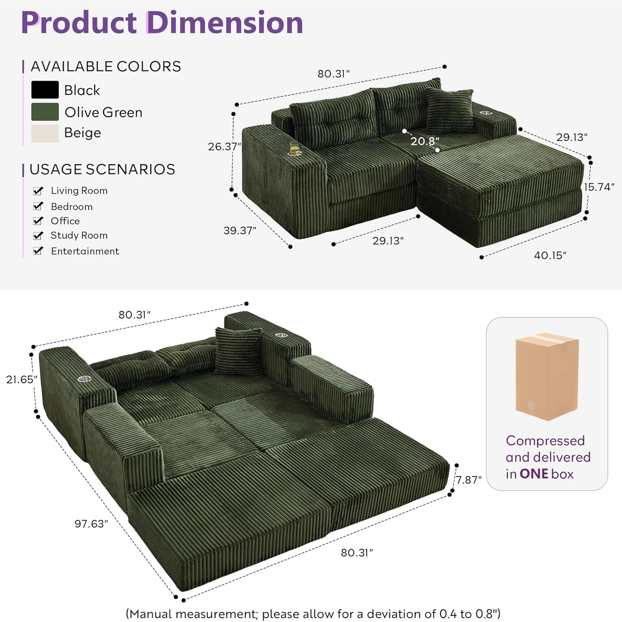 LAZZO Modular Cloud Sectional Sofa with Ottoman, Corduroy Boneless Deep Seat Convertible Sleeper Sofa Bed for Living Room, Green, 2 Seat