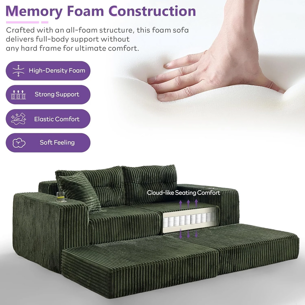 LAZZO Modular Cloud Sectional Sofa with Ottoman, Corduroy Boneless Deep Seat Convertible Sleeper Sofa Bed for Living Room, Green, 2 Seat