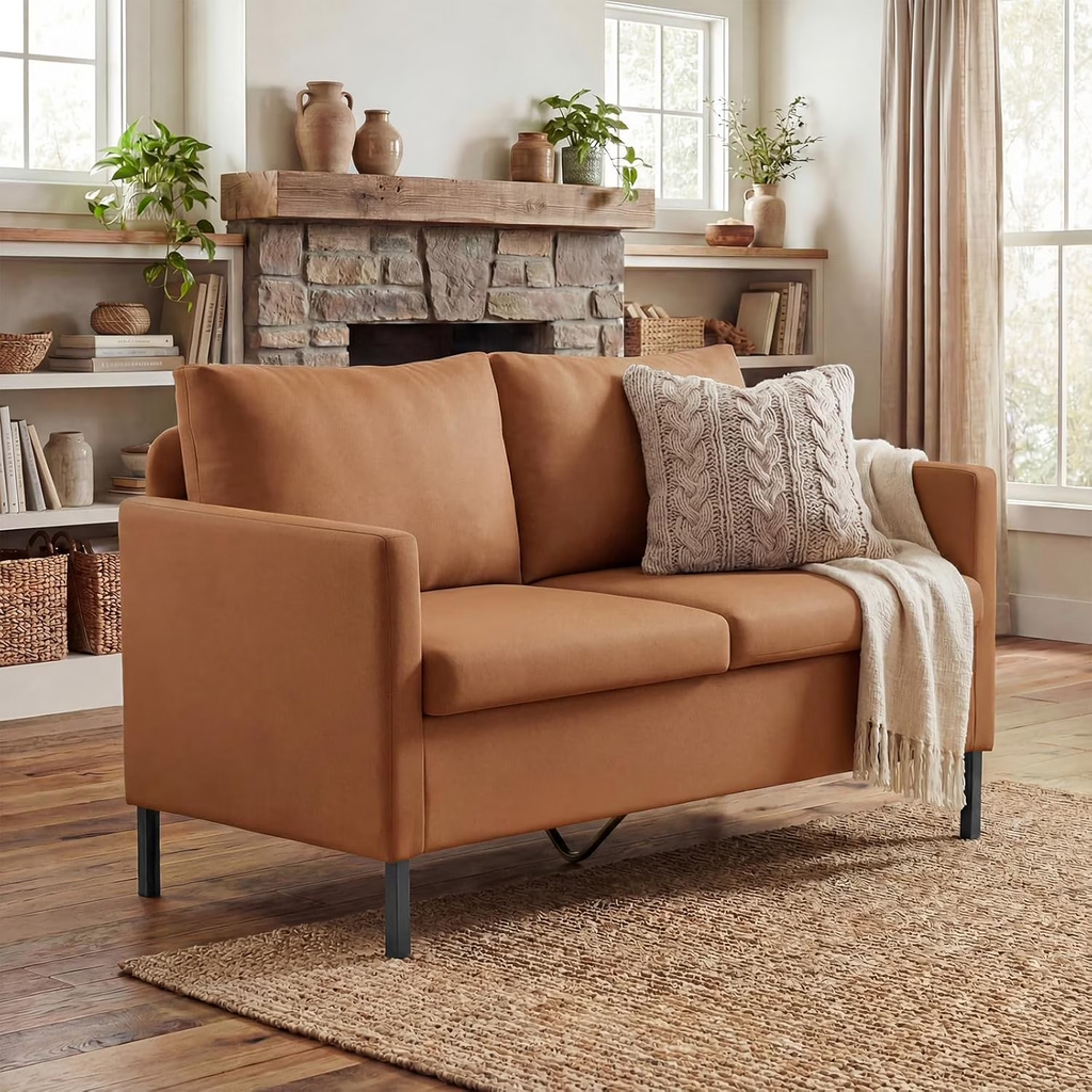 LAZZO 51" Linen Fabric Loveseat, Modern 2-Seater Small Sofa with Iron Legs for Apartment, Bedroom, Office, Brown