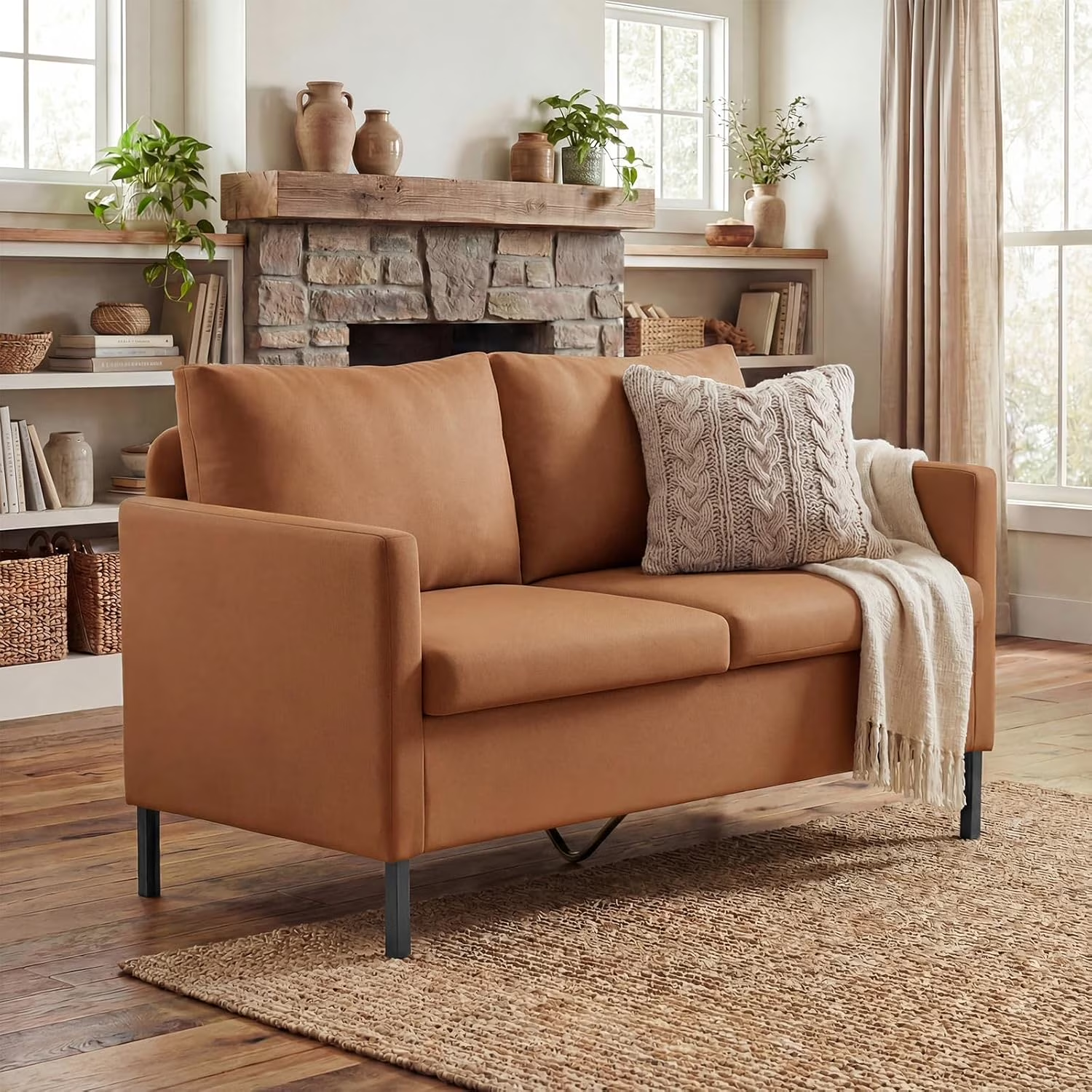LAZZO 51" Linen Fabric Loveseat, Modern 2-Seater Small Sofa with Iron Legs for Apartment, Bedroom, Office, Brown