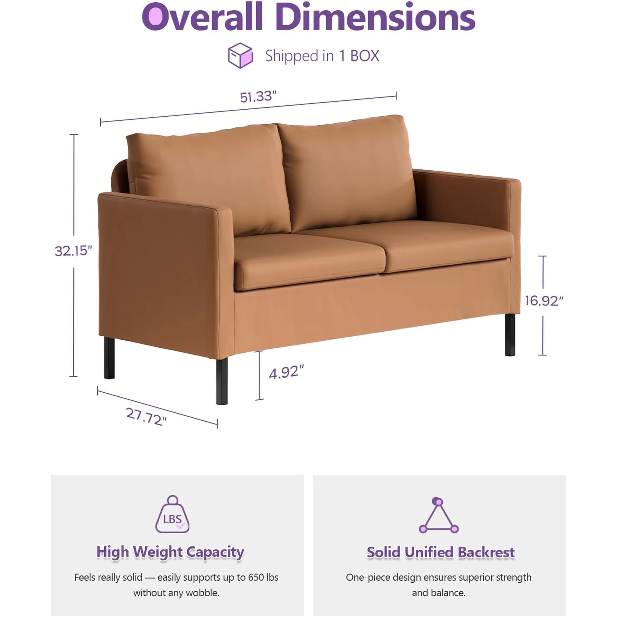 LAZZO 51" Linen Fabric Loveseat, Modern 2-Seater Small Sofa with Iron Legs for Apartment, Bedroom, Office, Brown