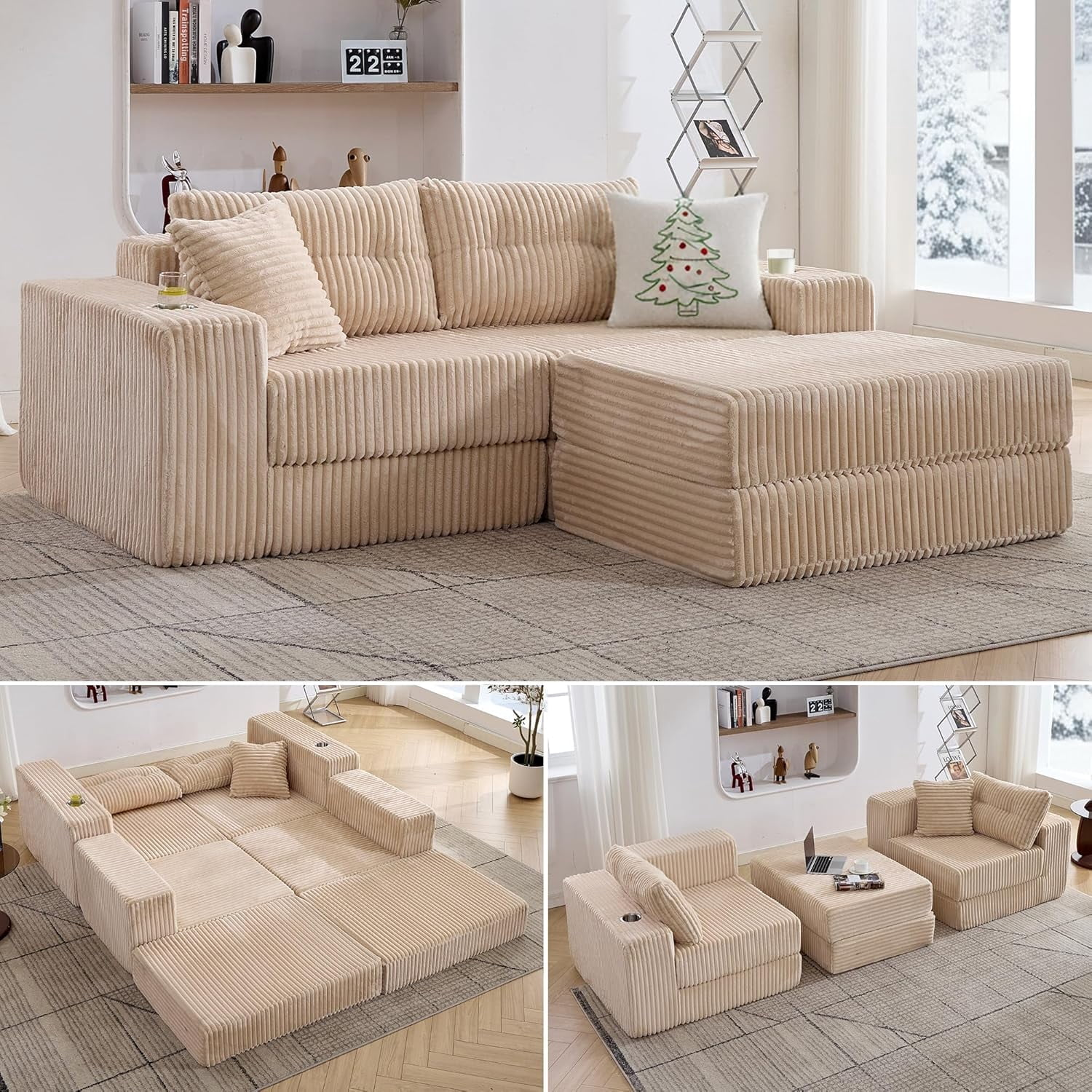 LAZZO Modular Cloud Sectional Sofa with Ottoman, Corduroy Boneless Deep Seat Convertible Sleeper Sofa Bed for Living Room, Khaki, 2 Seat