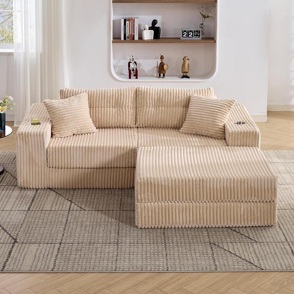 LAZZO Modular Cloud Sectional Sofa with Ottoman, Corduroy Boneless Deep Seat Convertible Sleeper Sofa Bed for Living Room, Khaki, 2 Seat
