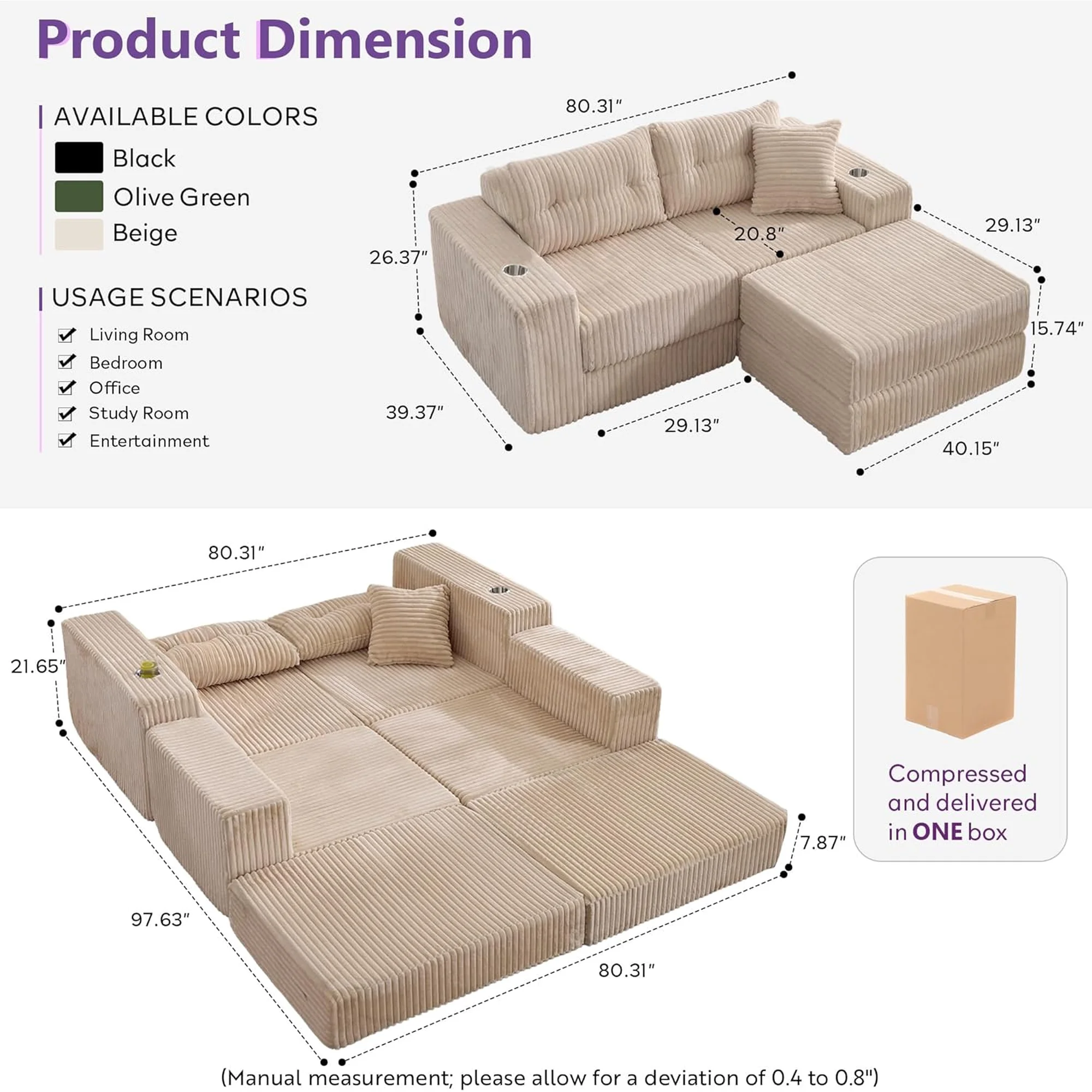 LAZZO Modular Cloud Sectional Sofa with Ottoman, Corduroy Boneless Deep Seat Convertible Sleeper Sofa Bed for Living Room, Khaki, 2 Seat