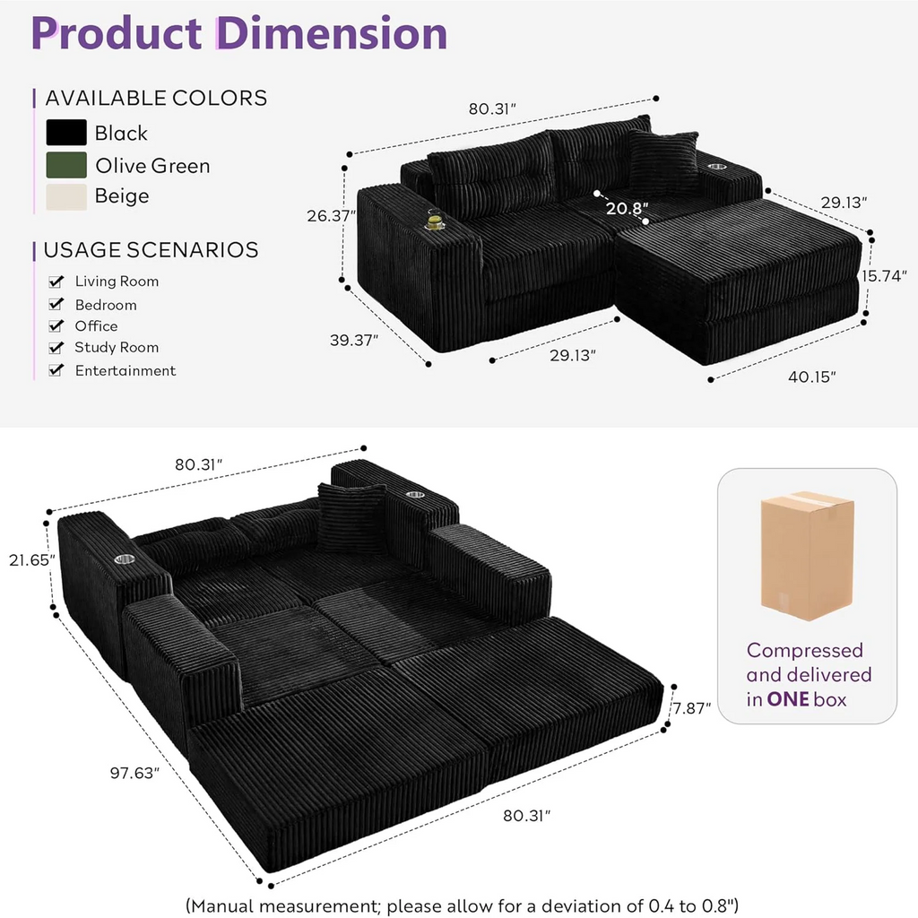 LAZZO Modular Cloud Sectional Sofa with Ottoman, Corduroy Boneless Deep Seat Convertible Sleeper Sofa Bed for Living Room, Black, 2 Seat