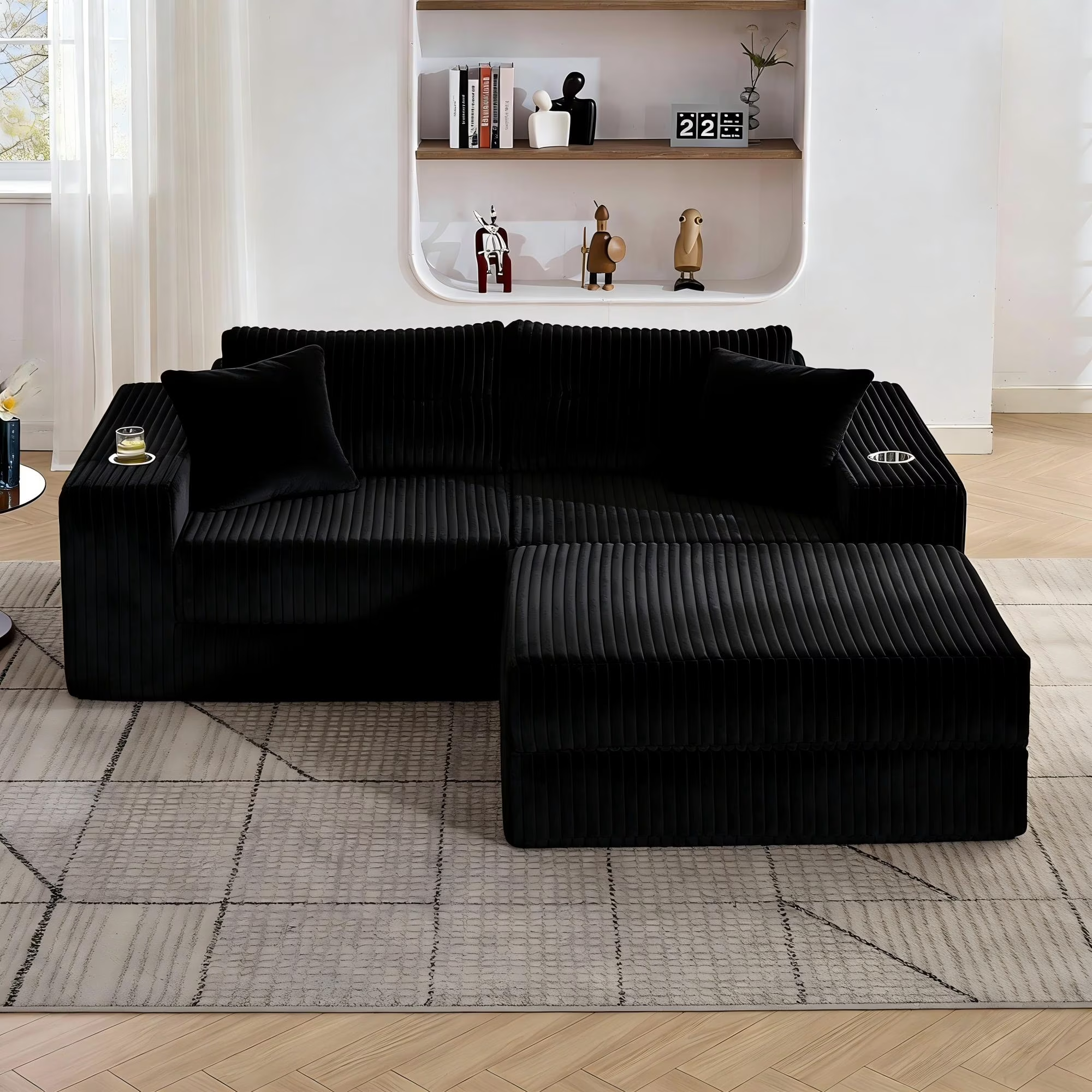 LAZZO Modular Cloud Sectional Sofa with Ottoman, Corduroy Boneless Deep Seat Convertible Sleeper Sofa Bed for Living Room, Black, 2 Seat