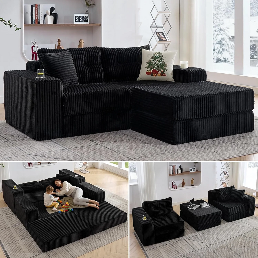 LAZZO Modular Cloud Sectional Sofa with Ottoman, Corduroy Boneless Deep Seat Convertible Sleeper Sofa Bed for Living Room, Black, 2 Seat