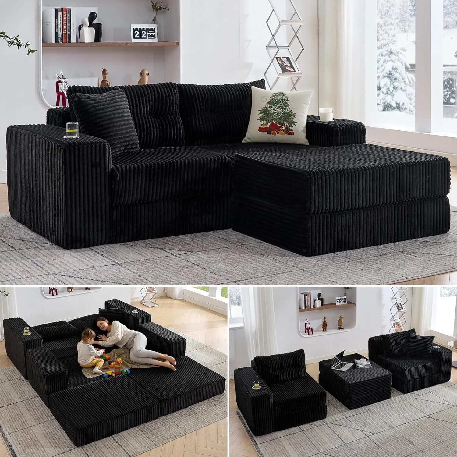 LAZZO Modular Cloud Sectional Sofa with Ottoman, Corduroy Boneless Deep Seat Convertible Sleeper Sofa Bed for Living Room, Black, 2 Seat