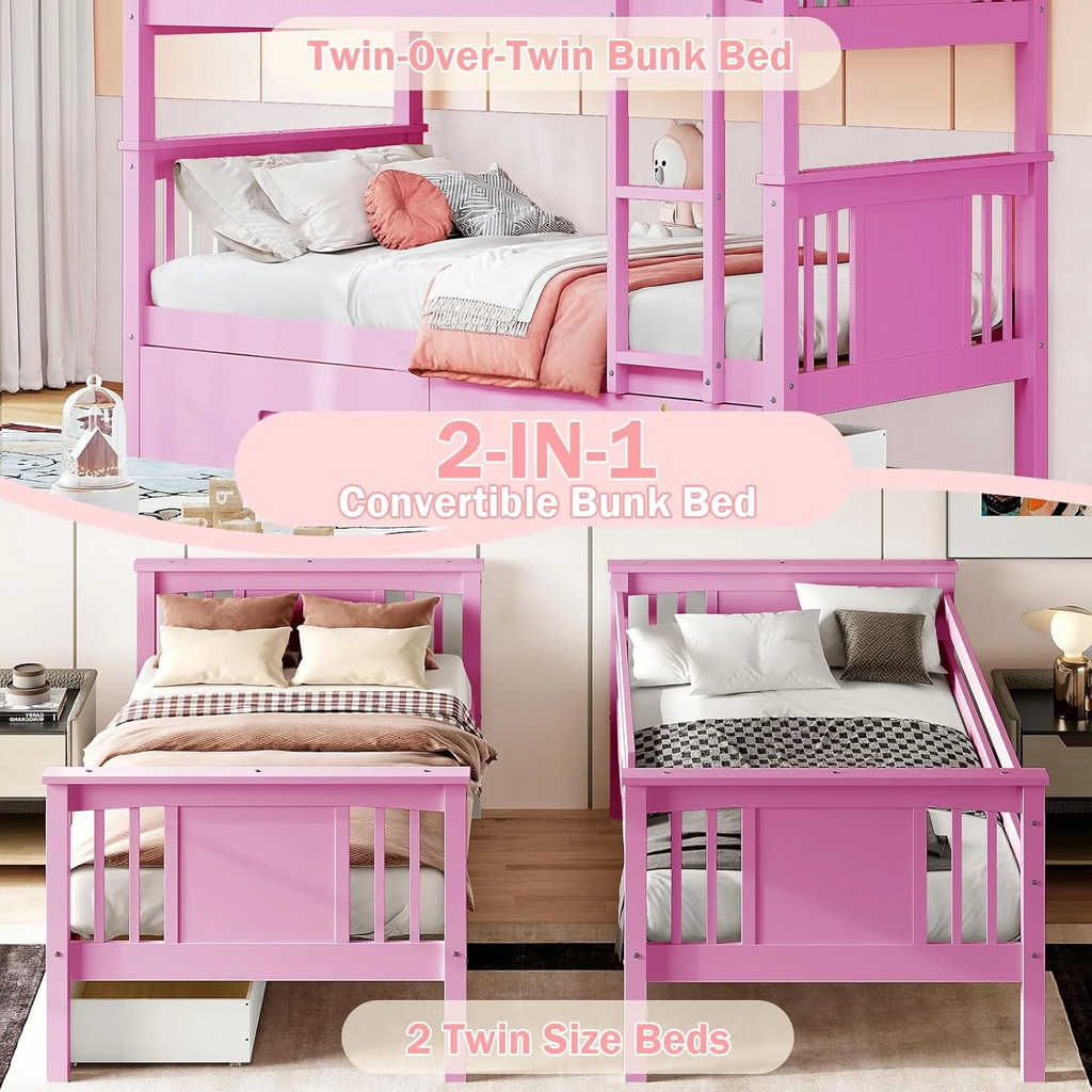 LAZZO Twin Over Twin Bunk Bed with Storage Drawers, Convertible Solid Wood Bunk Bed with Ladder & Safety Guardrail, No Box Spring Needed, Pink